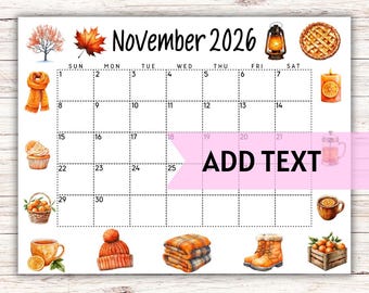 PRINTABLE November 2026 Calendar | Editable Cozy Fall Calendar | Wall Calendar 2025 W/ Scarf and Oranges | Fillable Classroom Calendar