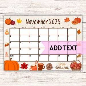 Calendario di novembre 2025 stampabile MODIFICABILE / Bellissimo calendario autunnale di novembre con zucche e foglie autunnali / Calendario da parete 2025 / Compilabile