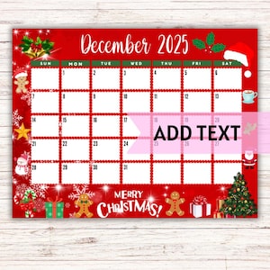 EDITABLE Printable December Calendar 2025 | Cute Christmas Calendar | Holiday Calendar | December 2025 Calendar | Fillable Calendar