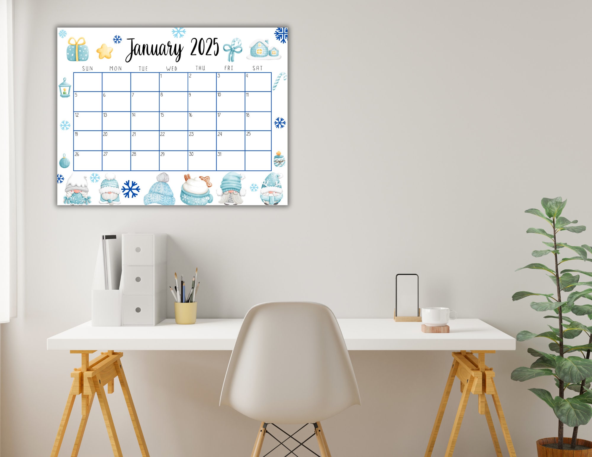 EDITABLE Printable January Calendar 2025 Cute Baby Blue Winter Themed