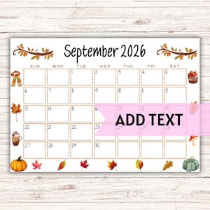 Calendrier de septembre 2026, imprimable, modifiable | Calendrier de septembre aquarelle avec citrouilles d'automne et feuilles d'automne | Calendrier à remplir