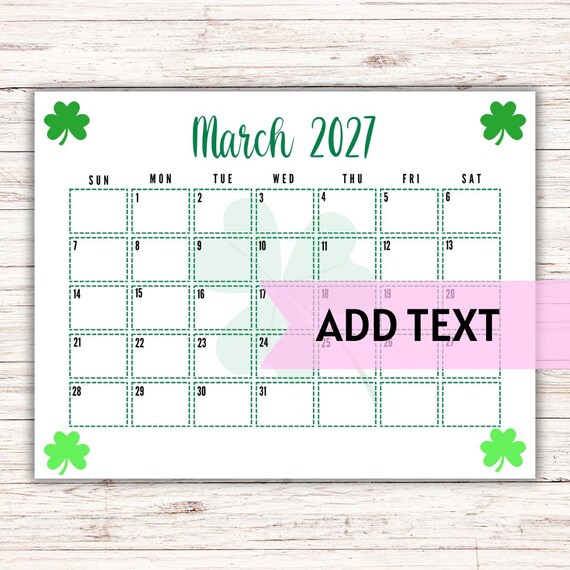 EDITABLE Printable March 2027 Calendar | Cute St. Patrick's Day Calendar W/ Shamrocks | Monthly March 2027 Calendar | Classroom Calendar - Etsy