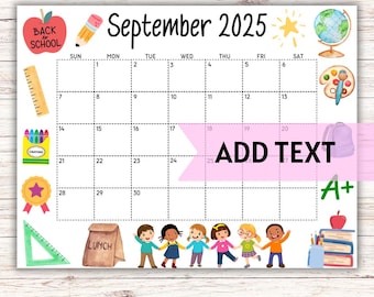 Calendário de setembro de 2025 para impressão EDITÁVEL | Calendário de volta às aulas de setembro com crianças em idade escolar | Calendário de sala de aula | Calendário pré-escolar