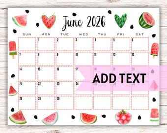 Calendario de pared de junio de 2026 editable / Calendario de sandía / Calendario de verano / Calendario de junio / Calendario mensual / Calendario rellenable