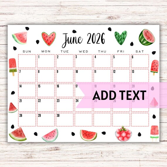 EDITABLE June 2026 Wall Calendar | Watermelon Themed Calendar ...