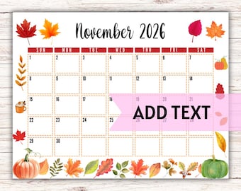 EDITABLE Printable November Calendar 2026 | Beautiful Fall November Calendar W/ Pumpkins and Fall Leaves | 2026 Wall Calendar | Fillable