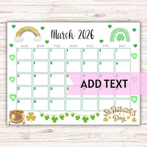 BEWERKBARE kalender maart 2026 | Afdrukbare St. Patrick&#39;s Day-kalender voor maart met neongroene harten | Maandkalender | Klasagenda
