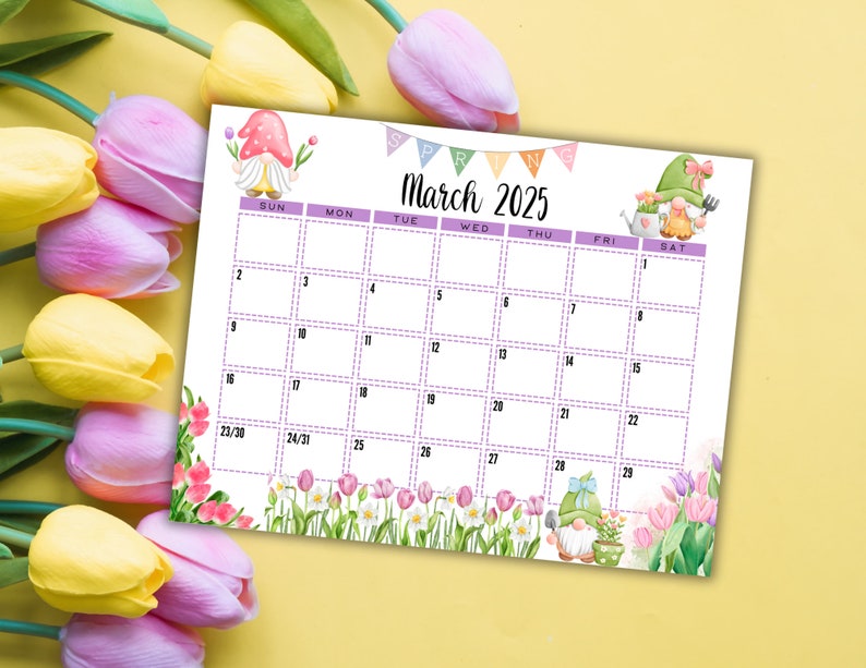 EDITABLE Printable March 2025 Calendar Watercolor Spring Gnomes Calendar Spring Themed Calendar