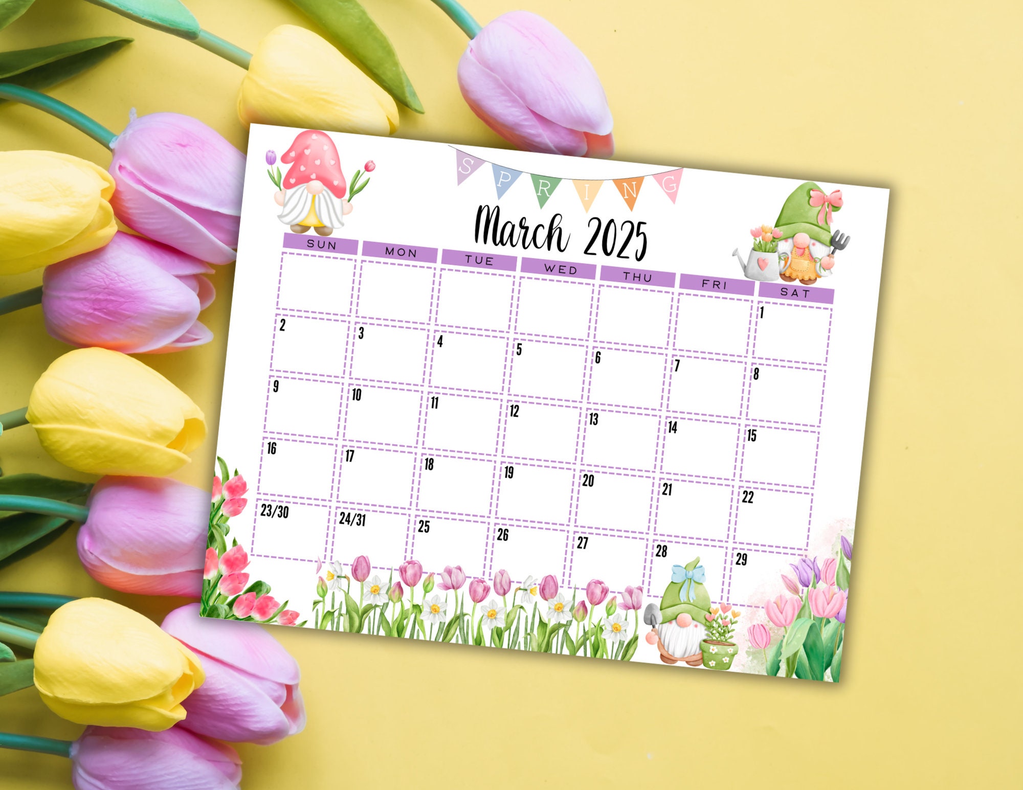 EDITABLE Printable March 2025 Calendar Watercolor Spring Gnomes Calendar Spring Themed Calendar