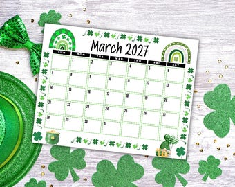 EDITABLE Printable March 2027 Calendar | Cute St. Patrick's Day Calendar | Monthly Calendar | Fridge Calendar | School Calendar for Kids