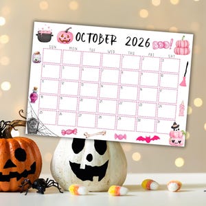 Calendario de octubre de 2026 imprimible y editable / Calendario de Halloween rosa, lindo y espeluznante / Calendario de octubre con temática de Halloween rosa / Calendario mensual imagen 3