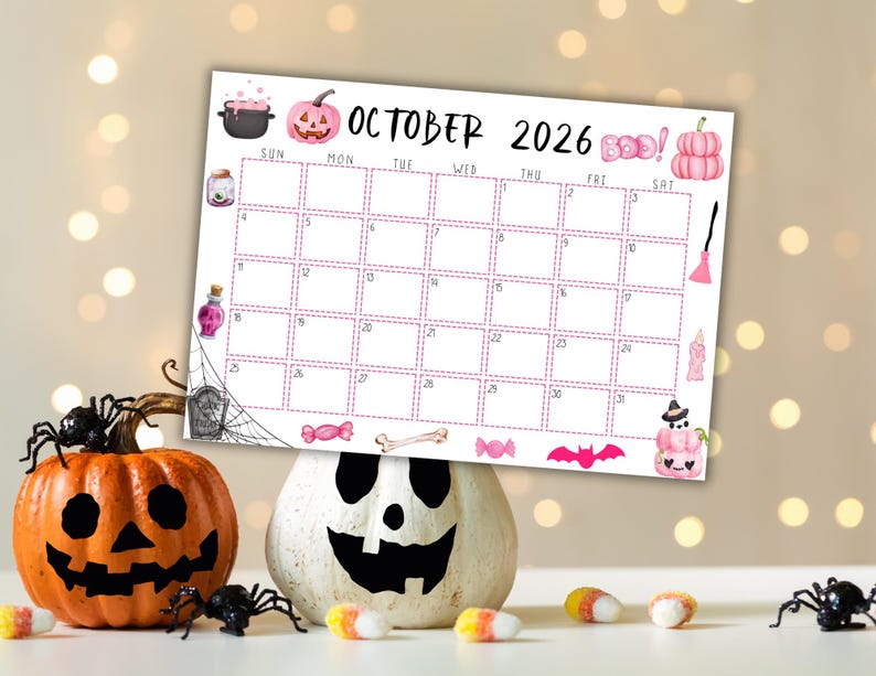 Calendario de octubre de 2026 imprimible y editable / Calendario de Halloween rosa, lindo y espeluznante / Calendario de octubre con temática de Halloween rosa / Calendario mensual imagen 3
