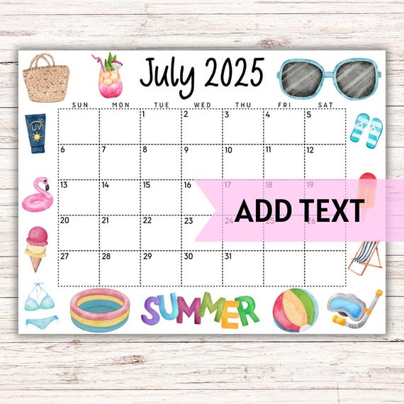 Editable july calendar 2025 | cute printable july calendar w/ pool and sun  tan lotion | family schedule | monthly calendar | summer calendar - etsy  canada