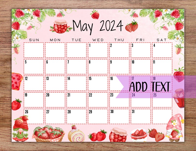 EDITABLE Printable May Calendar 2024 Cute Strawberry Gnome Etsy