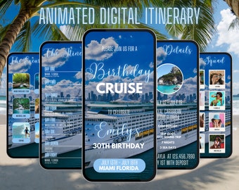 Pode incluir: Um convite digital para um cruzeiro de aniversário. O convite apresenta um navio de cruzeiro azul e branco com o texto "Birthday Cruise" e "Emily's 30th Birthday". O convite também inclui detalhes sobre o cruzeiro, como as datas, a localização e o custo.