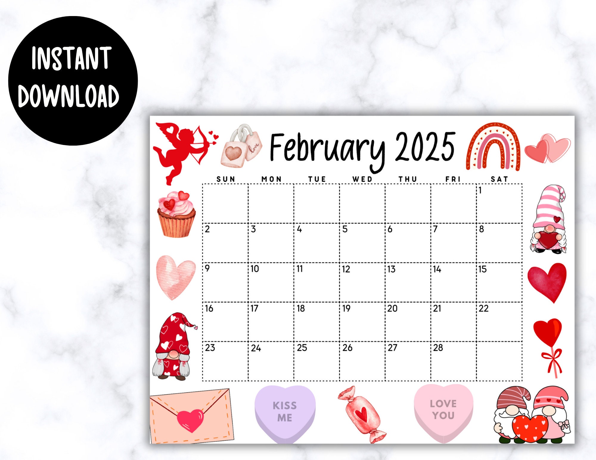 EDITABLE Printable February Calendar 2025 Cute Gnome Valentine's Day Calendar Monthly Calendar