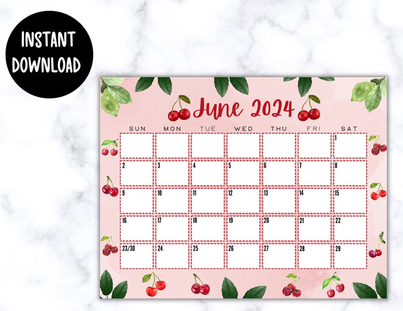 EDITABLE Printable June Calendar 2024 Cute Watercolor Cherry Themed June Calendar W/ Watercolor ...
