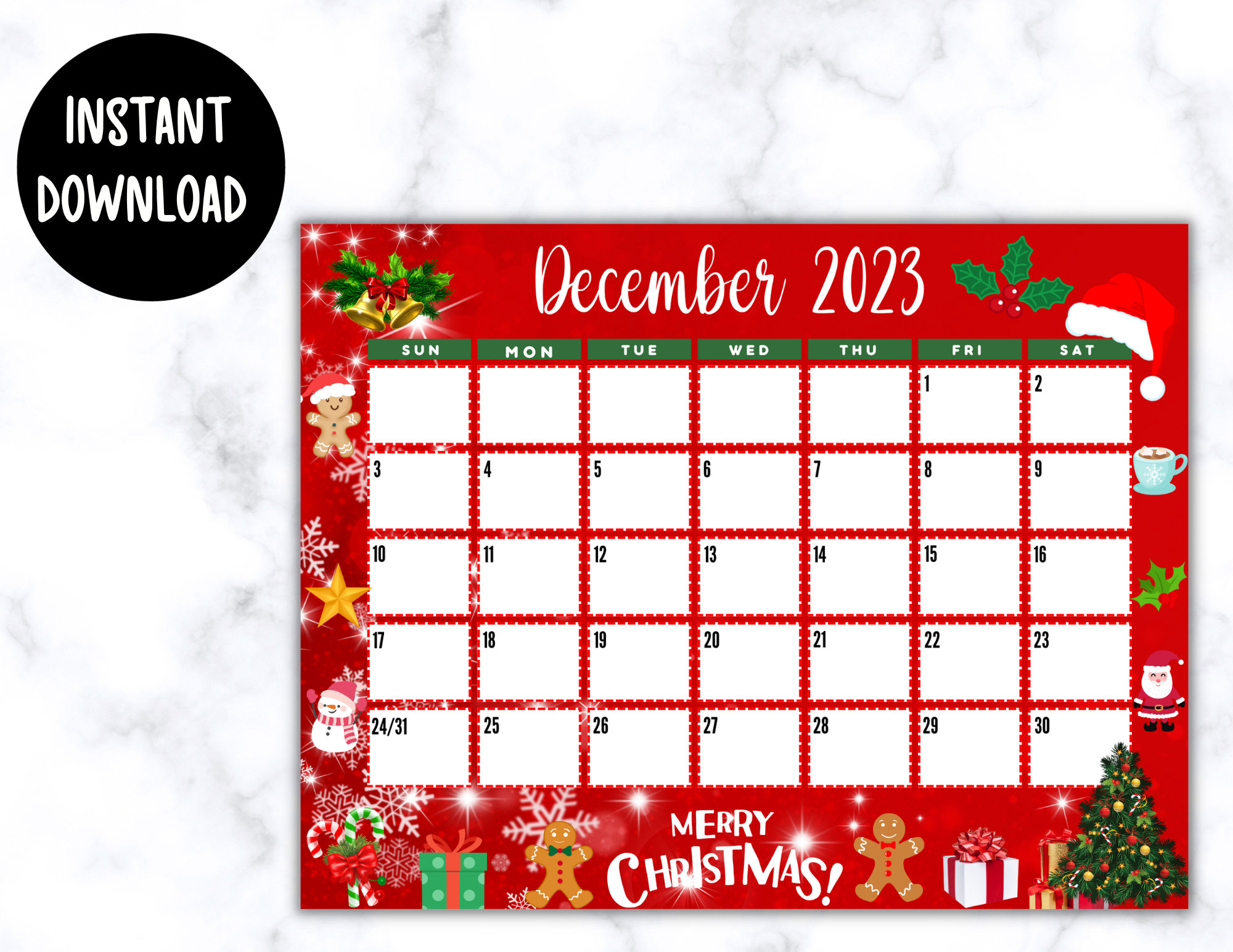 EDITABLE Printable December Calendar 2023 Cute Christmas Etsy
