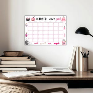 Calendario de octubre de 2026 imprimible y editable / Calendario de Halloween rosa, lindo y espeluznante / Calendario de octubre con temática de Halloween rosa / Calendario mensual imagen 5