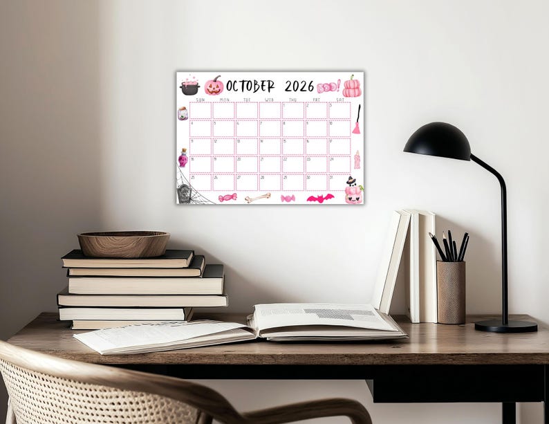 Calendario de octubre de 2026 imprimible y editable / Calendario de Halloween rosa, lindo y espeluznante / Calendario de octubre con temática de Halloween rosa / Calendario mensual imagen 5