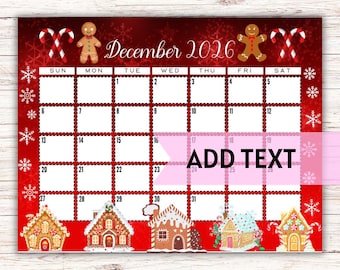 EDITABLE December Calendar 2026 | Gingerbread Village Christmas Calendar | Holiday Calendar | December 2026 Calendar | Fillable Calendar