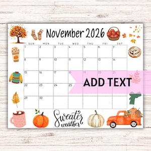 PRINTABLE November 2026 Calendar | Editable Fall Calendar | Wall Calendar 2026 W/ Hot Cocoa and Pumpkins | Fillable Classroom Calendar