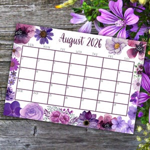 EDITABLE Printable August Calendar 2026 | Beautiful August Calendar w/ Purple Watercolor Flowers | August 2025 Calendar | Fillable Calendar image 3