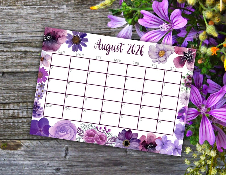 EDITABLE Printable August Calendar 2026 | Beautiful August Calendar w/ Purple Watercolor Flowers | August 2025 Calendar | Fillable Calendar image 3