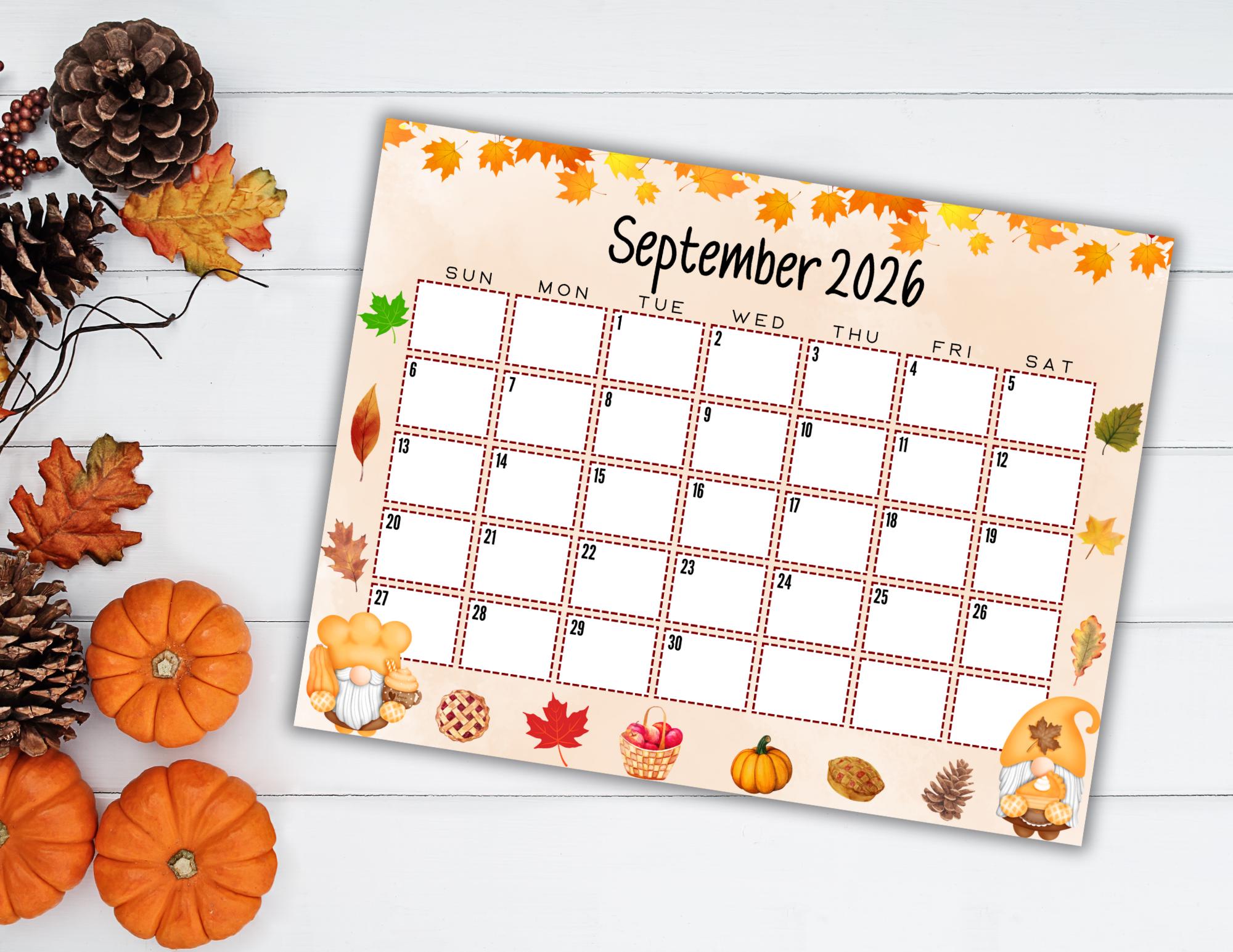 EDITABLE Printable September Calendar 2026 | Cute Gnome Fall Calendar W ...