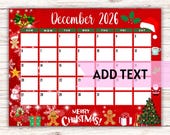 EDITABLE Printable December Calendar 2026 | Cute Christmas Calendar | Holiday Calendar | December 2026 Calendar | Fillable Calendar