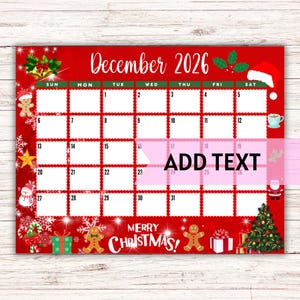 Könnte beinhalten: Roter Dezember 2026 Kalender mit weihnachtlichen Illustrationen. Das Kalendarium ist weiß, mit den Wochentagen oben. Festliche Bilder: Weihnachtsmütze, Lebkuchenmänner und Weihnachtsbaum.