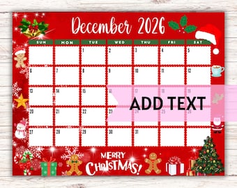 Calendario de diciembre de 2026 editable e imprimible / Lindo calendario navideño / Calendario de vacaciones / Calendario de diciembre de 2026 / Calendario rellenable