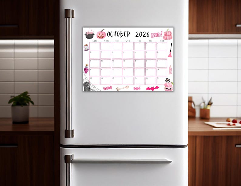 Calendario de octubre de 2026 imprimible y editable / Calendario de Halloween rosa, lindo y espeluznante / Calendario de octubre con temática de Halloween rosa / Calendario mensual imagen 2