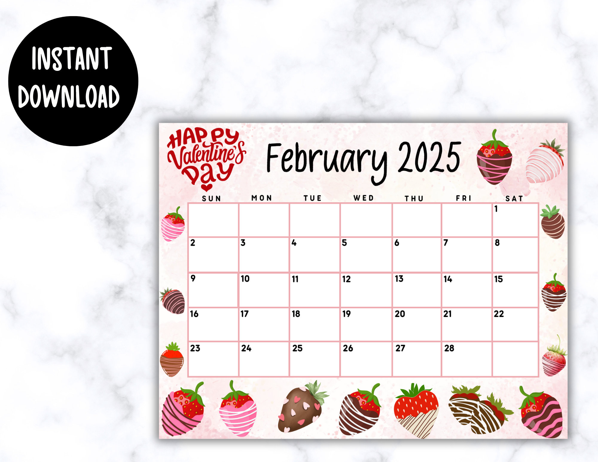 EDITABLE Printable February Calendar 2025 Cute Valentine's Day February