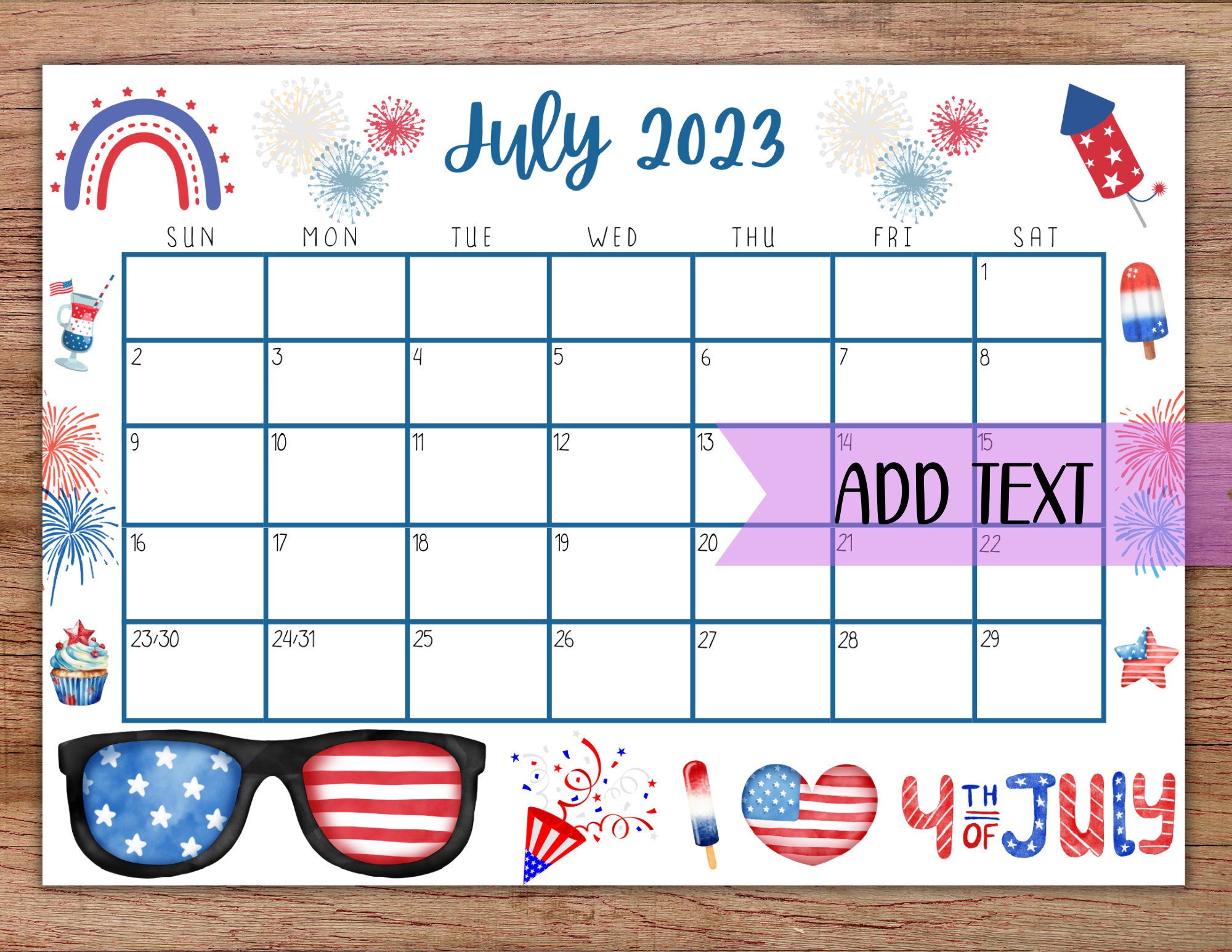 EDITABLE Printable July Calendar 2023 Cute 4th of July Etsy Australia