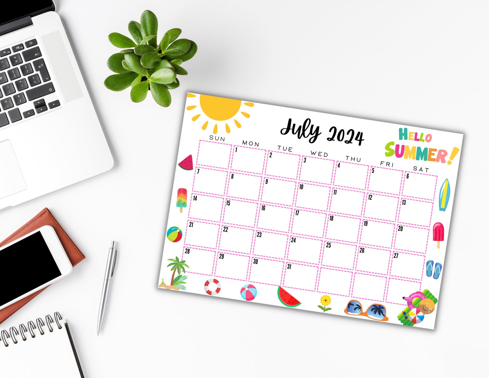 EDITIERBAR Druckbarer Juli Kalender 2024 Süßer Juli Kalender - Etsy.de