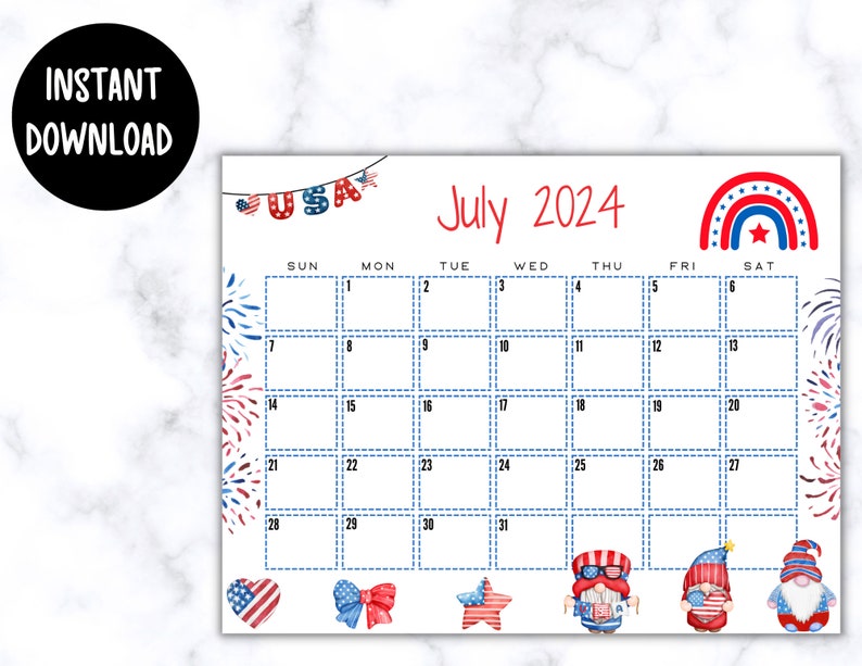 EDITABLE Printable July Calendar 2024 Cute Gnome 4th of July Etsy