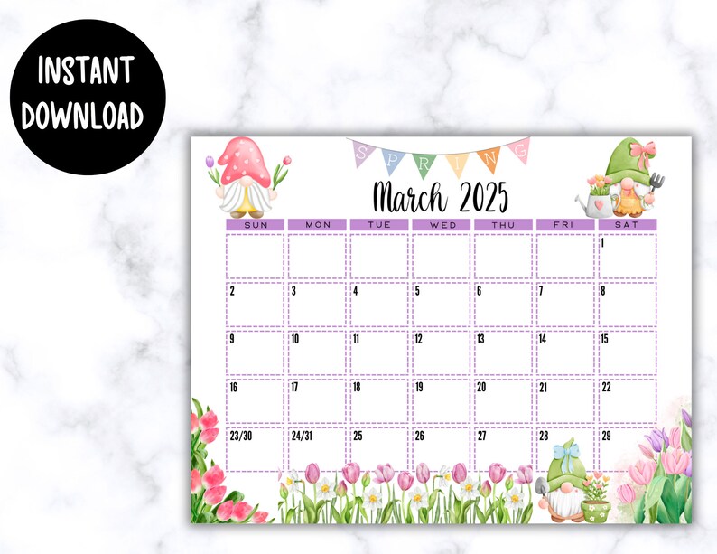 EDITABLE Printable March 2025 Calendar Watercolor Spring Gnomes Calendar Spring Themed Calendar