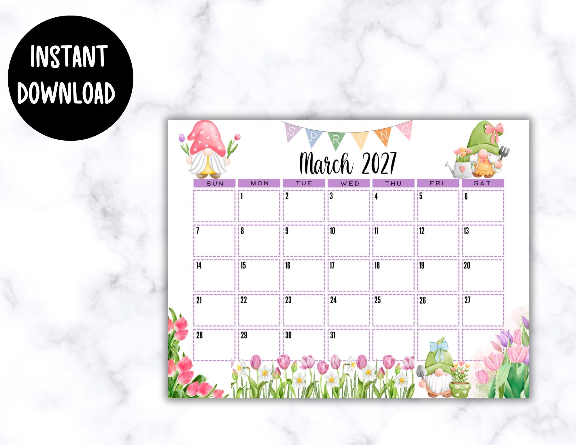 EDITABLE Printable March 2027 Calendar | Watercolor Spring Gnomes ...