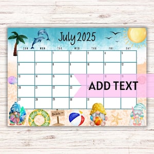 EDITABLE Printable July Calendar 2025 | Adorable Beach Scene Gnome July Calendar | Summer Calendar | July 2025 Calendar | Monthly Calendar