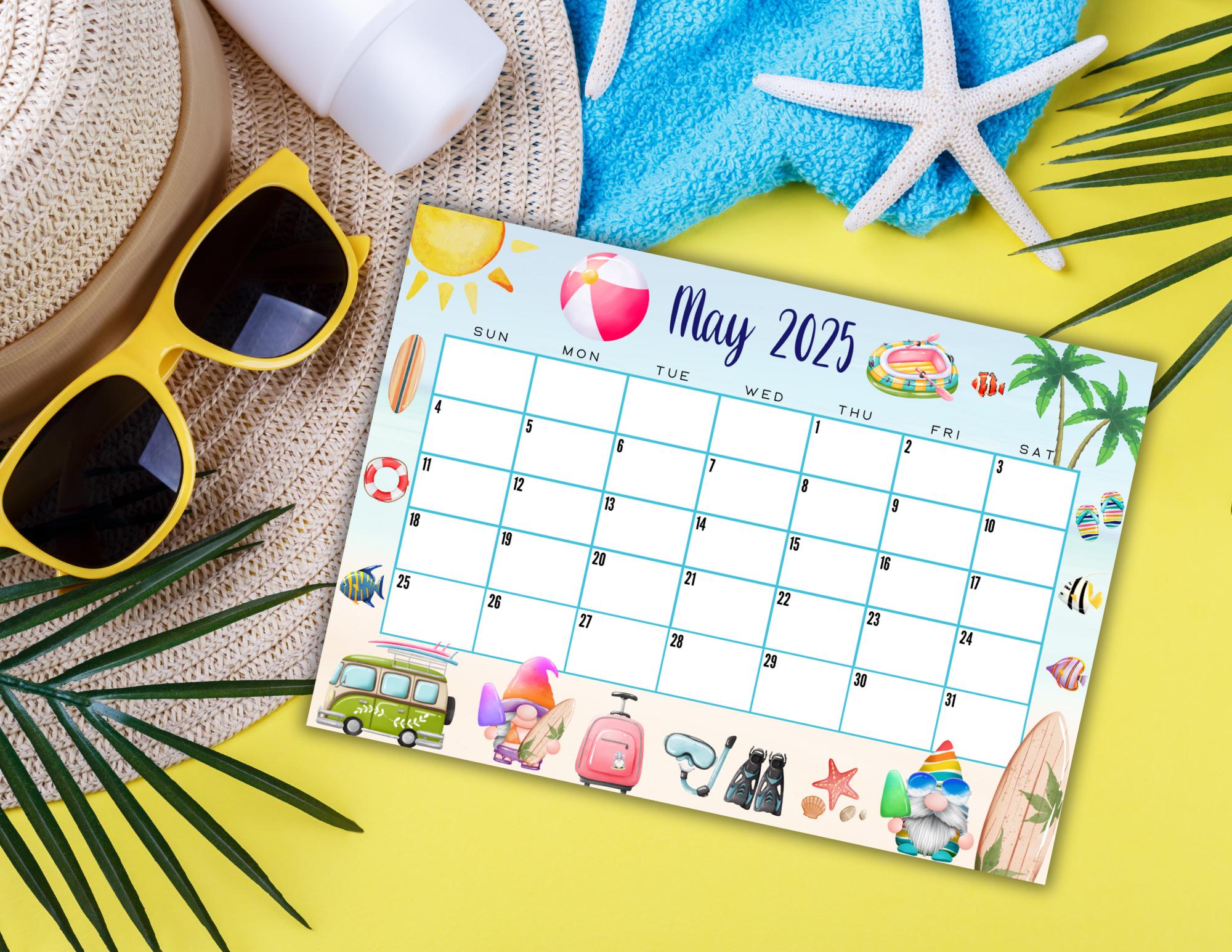 EDITABLE Printable May Calendar 2025 Beautiful Beach Gnome Themed ...