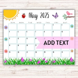 EDITABLE Printable May Calendar 2025 | Cute Spring May Calendar W/ Watercolor Daisies and Ladybug | Monthly Calendar | Fillable Calendar