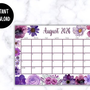 EDITABLE Printable August Calendar 2026 | Beautiful August Calendar w/ Purple Watercolor Flowers | August 2025 Calendar | Fillable Calendar image 6