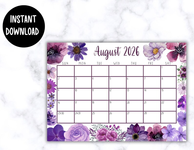 EDITABLE Printable August Calendar 2026 | Beautiful August Calendar w/ Purple Watercolor Flowers | August 2025 Calendar | Fillable Calendar image 6