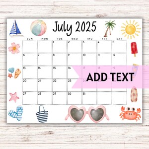 EDITIERBAR Juli Kalender 2025 | Süßer Druckbarer Juli Kalender mit Wasserball und Eis am Stil | Familien Stundenplan | Monatskalender | Sommerkalender