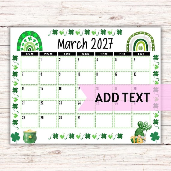 EDITABLE Printable March 2027 Calendar | Cute St. Patrick's Day Calendar | Monthly Calendar | Fridge Calendar | School Calendar for Kids - Etsy