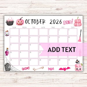 Calendario de octubre de 2026 imprimible y editable / Calendario de Halloween rosa, lindo y espeluznante / Calendario de octubre con temática de Halloween rosa / Calendario mensual imagen 1