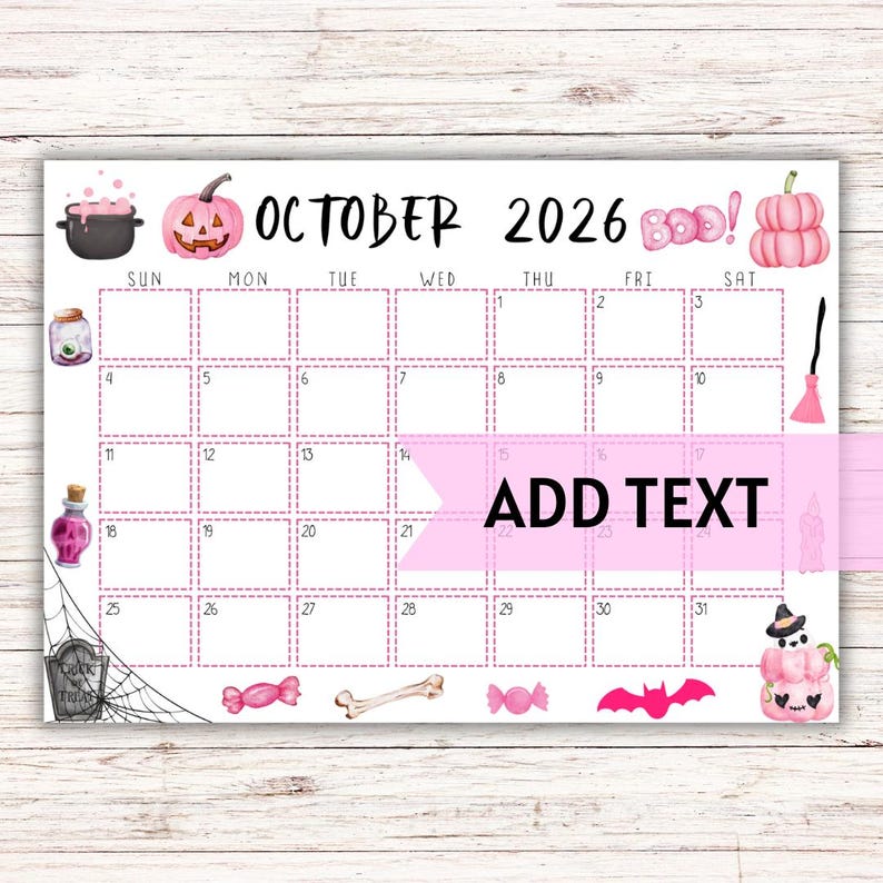 Calendario de octubre de 2026 imprimible y editable / Calendario de Halloween rosa, lindo y espeluznante / Calendario de octubre con temática de Halloween rosa / Calendario mensual imagen 1