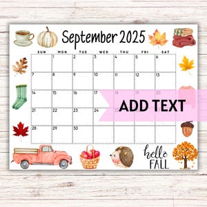 EDITABLE September Calendar 2025 | Cute Fall Calendar W/ Fall Leaves | Monthly Calendar | Printable Wall Calendar 2025 | Homeschool Planner