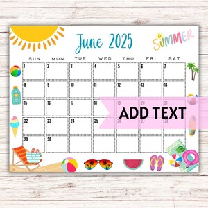 EDITABLE Printable June Calendar 2025 | Beautiful Summer June Calendar W/ Sunglasses and Beach Balls | Wall Calendar | Fillable Calendar